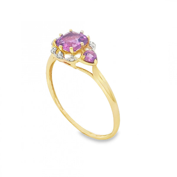 9ct Yellow Gold Amethyst & Diamond Trilogy Ring - Size R - 1.3g