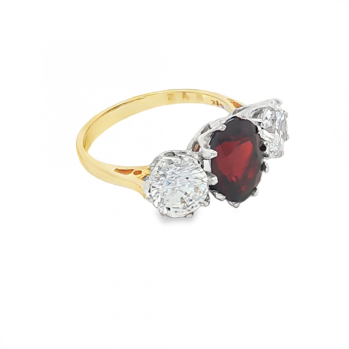 9ct Yellow Gold Garnet & CZ Trilogy Ring - Size L - 3.4g