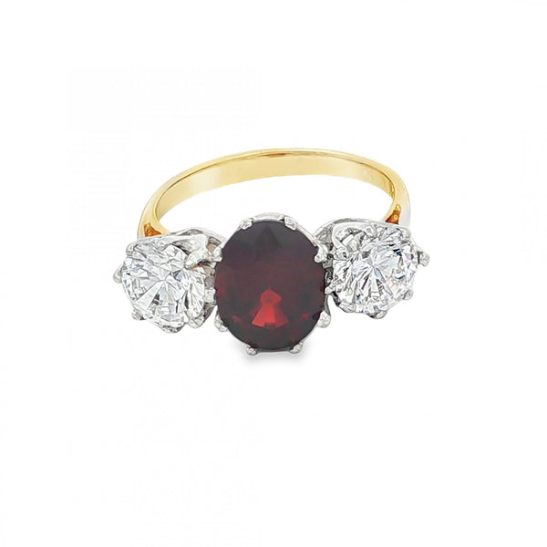 9ct Yellow Gold Garnet & CZ Trilogy Ring - Size L - 3.4g