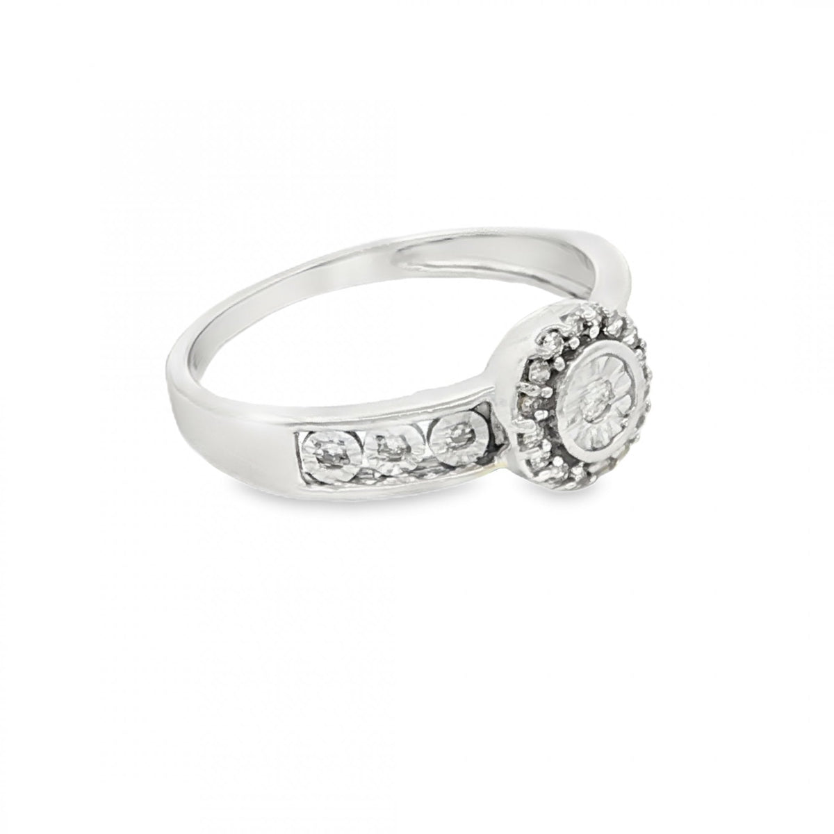 9ct White Gold Diamond Halo Cluster Ring - Size P - 0.15ct