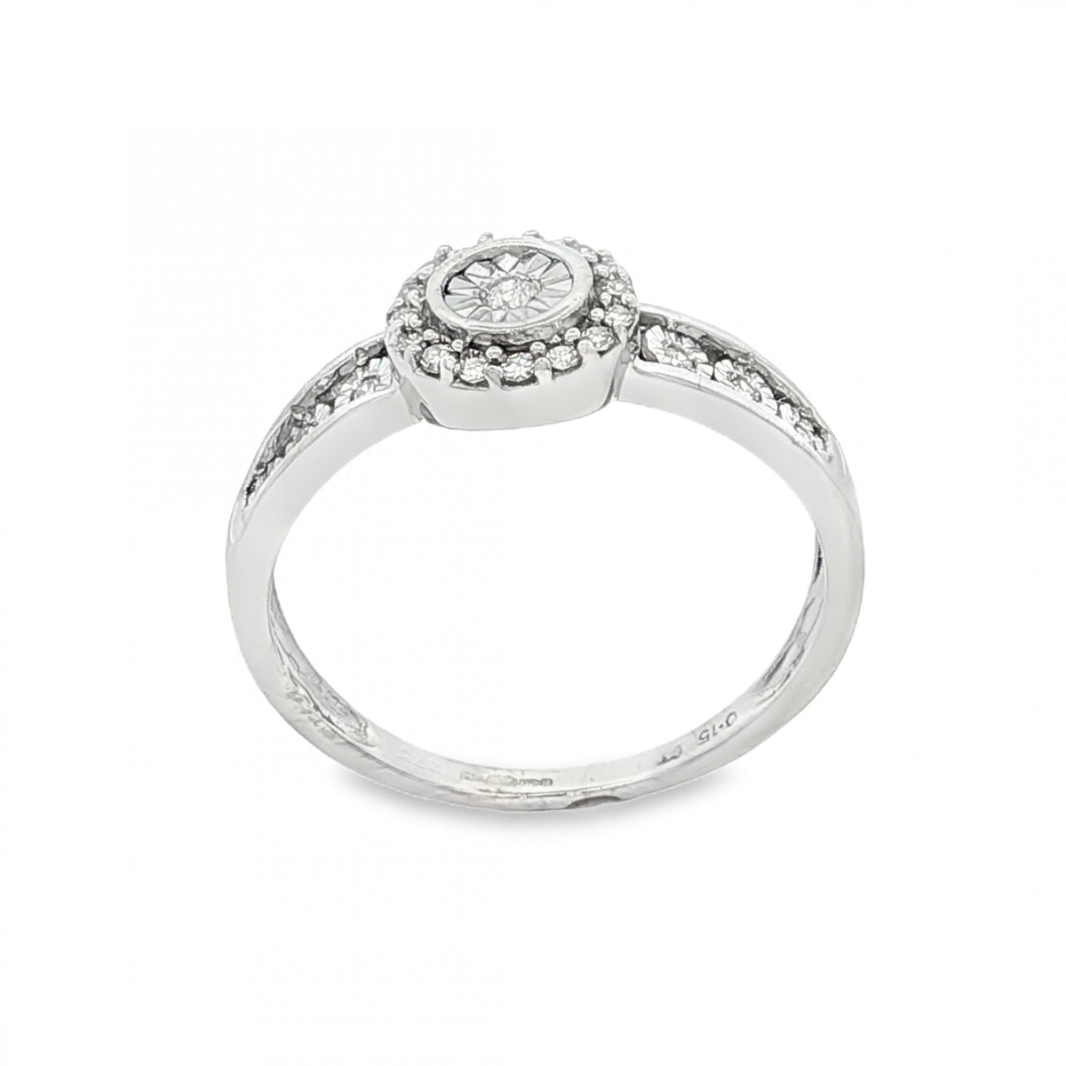 9ct White Gold Diamond Halo Cluster Ring - Size P - 0.15ct