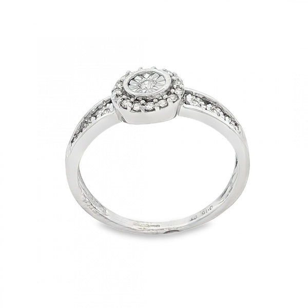 9ct White Gold Diamond Halo Cluster Ring - Size P - 0.15ct