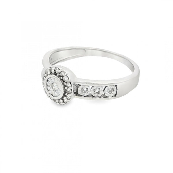 9ct White Gold Diamond Halo Cluster Ring - Size P - 0.15ct