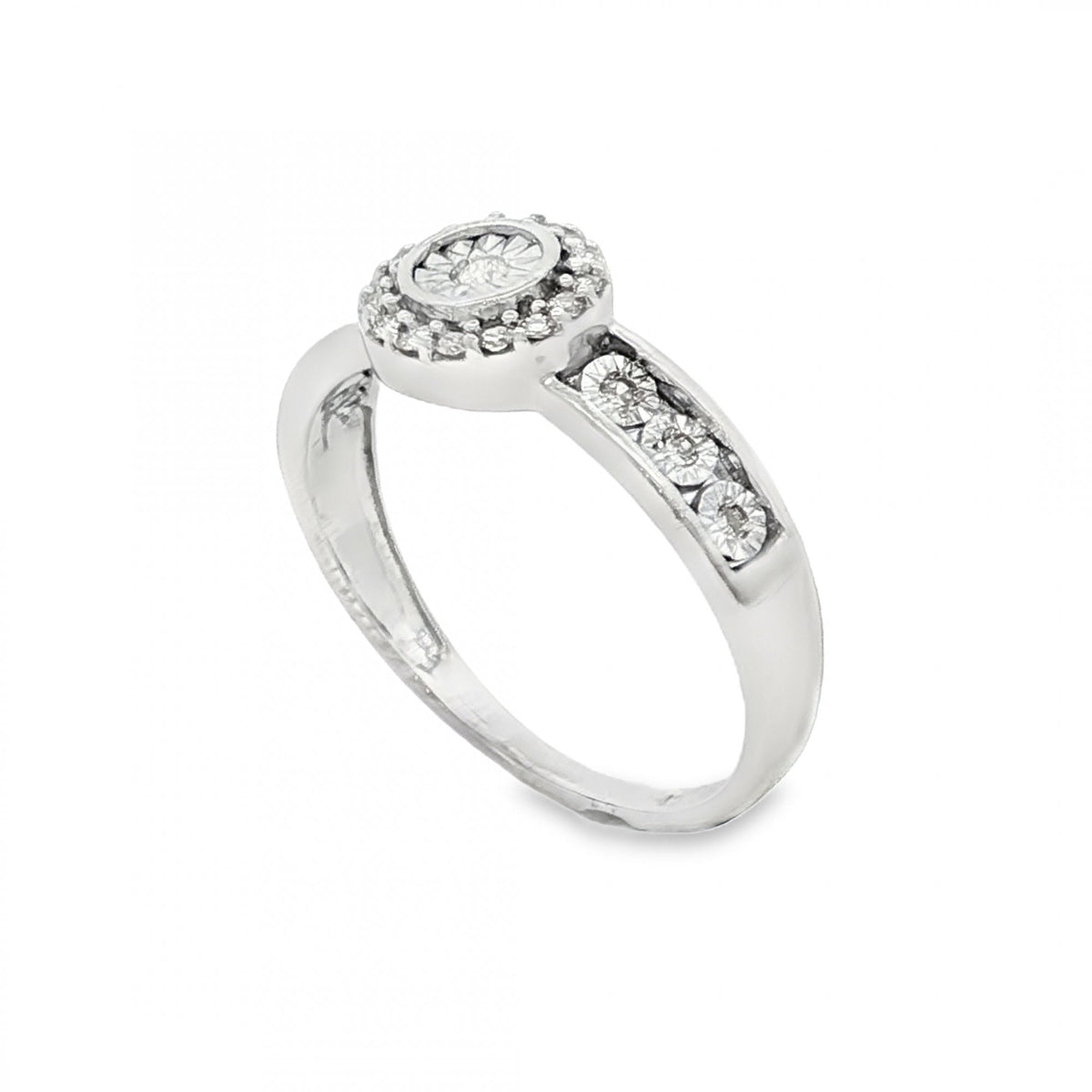 9ct White Gold Diamond Halo Cluster Ring - Size P - 0.15ct