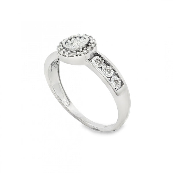 9ct White Gold Diamond Halo Cluster Ring - Size P - 0.15ct