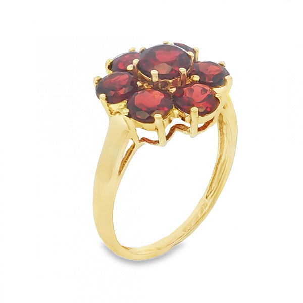 9ct Yellow Gold Garnet Cluster Ring - Size T - 3.9g