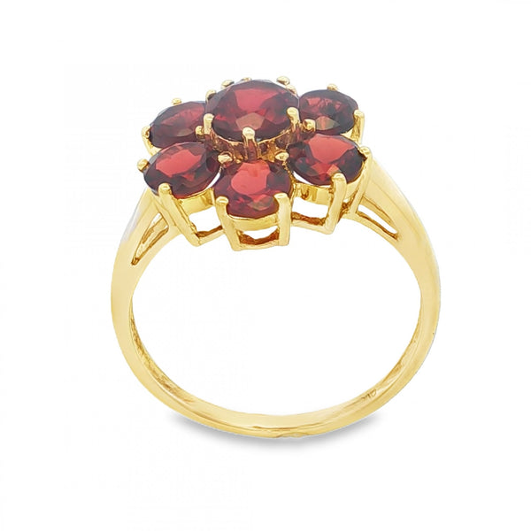9ct Yellow Gold Garnet Cluster Ring - Size T - 3.9g