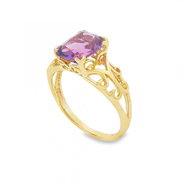 9ct Yellow Gold Amethyst Dress Ring - Size M - 2.2g