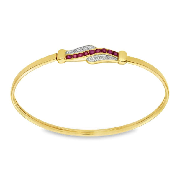 9ct Yellow Gold Ruby & Diamond Bangle - 18cm - 0.03ct