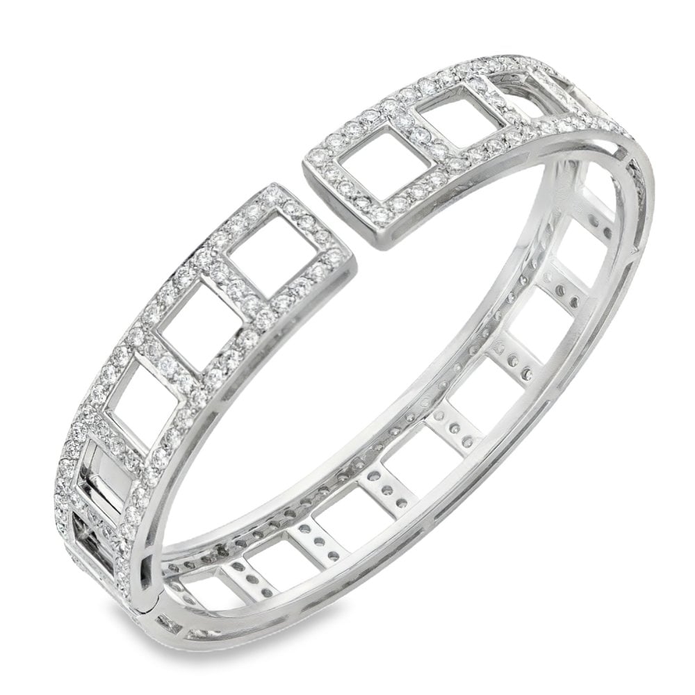 18ct White Gold Open Square Diamond Bangle - 16cm - 4.40ct