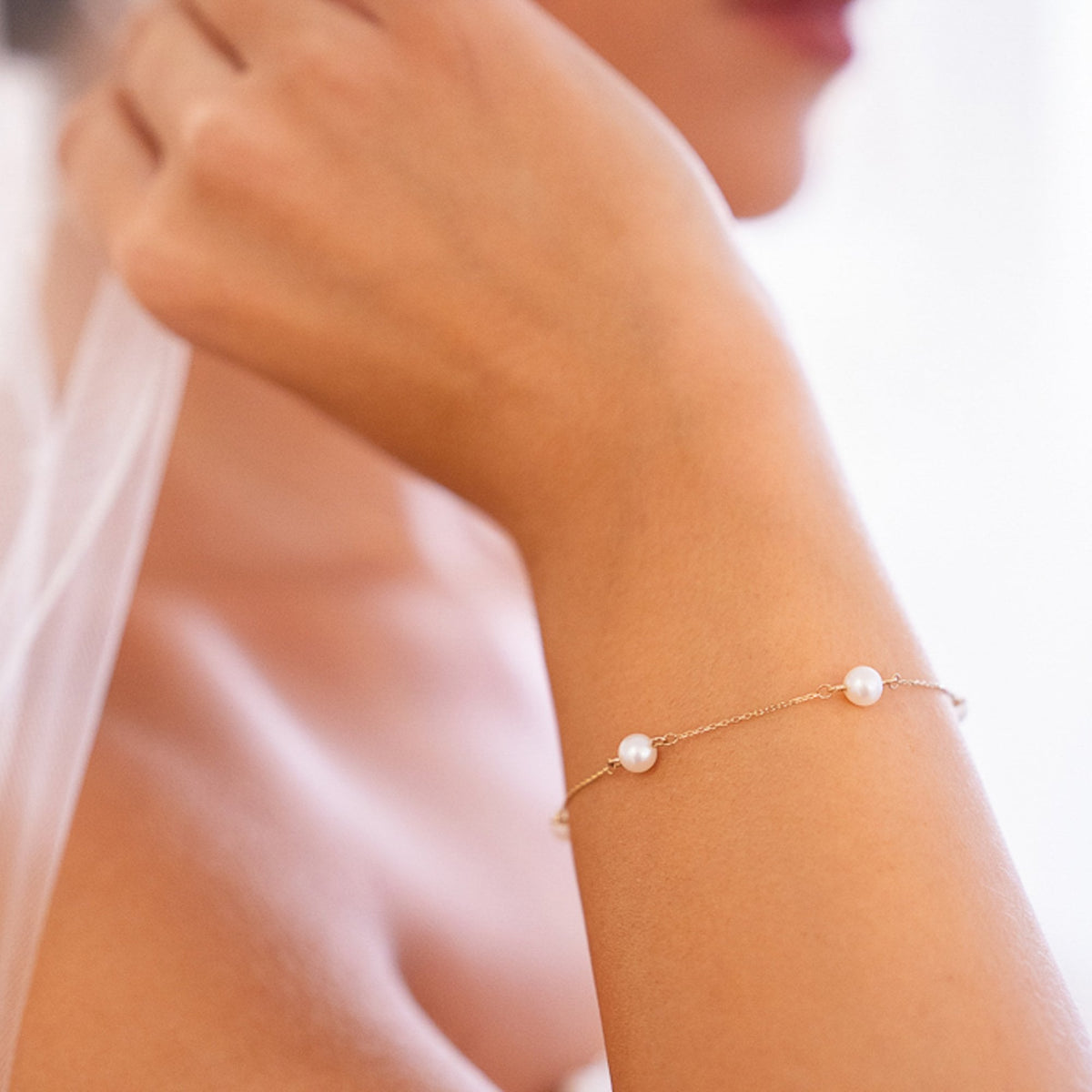 9ct Yellow Gold Pearl & Trace-Link Bracelet - 7.5" - 1.7g