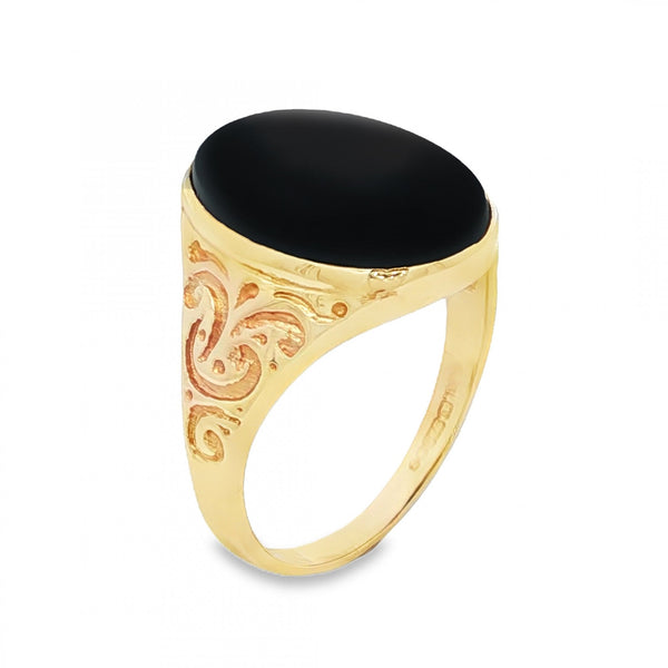 9ct Yellow Gold Oval Onyx Signet Ring - Size U - 4.5g