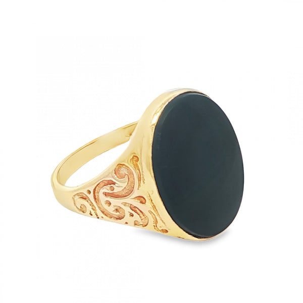 9ct Yellow Gold Oval Onyx Signet Ring - Size U - 4.5g
