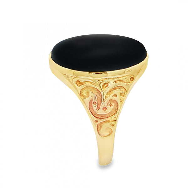9ct Yellow Gold Oval Onyx Signet Ring - Size U - 4.5g