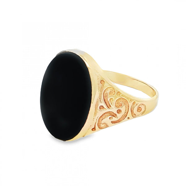 9ct Yellow Gold Oval Onyx Signet Ring - Size U - 4.5g