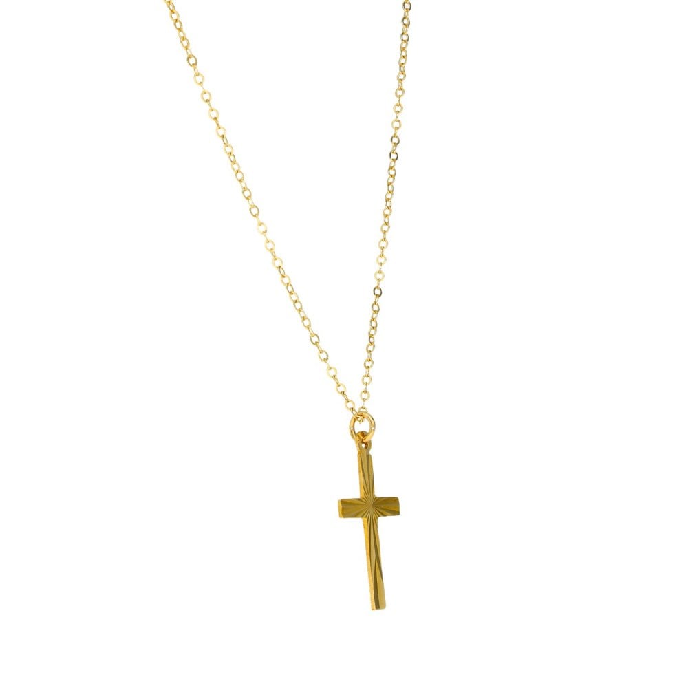 9ct Yellow Gold Sunburst Cross Pendant & Necklace - 18" - 1.4g