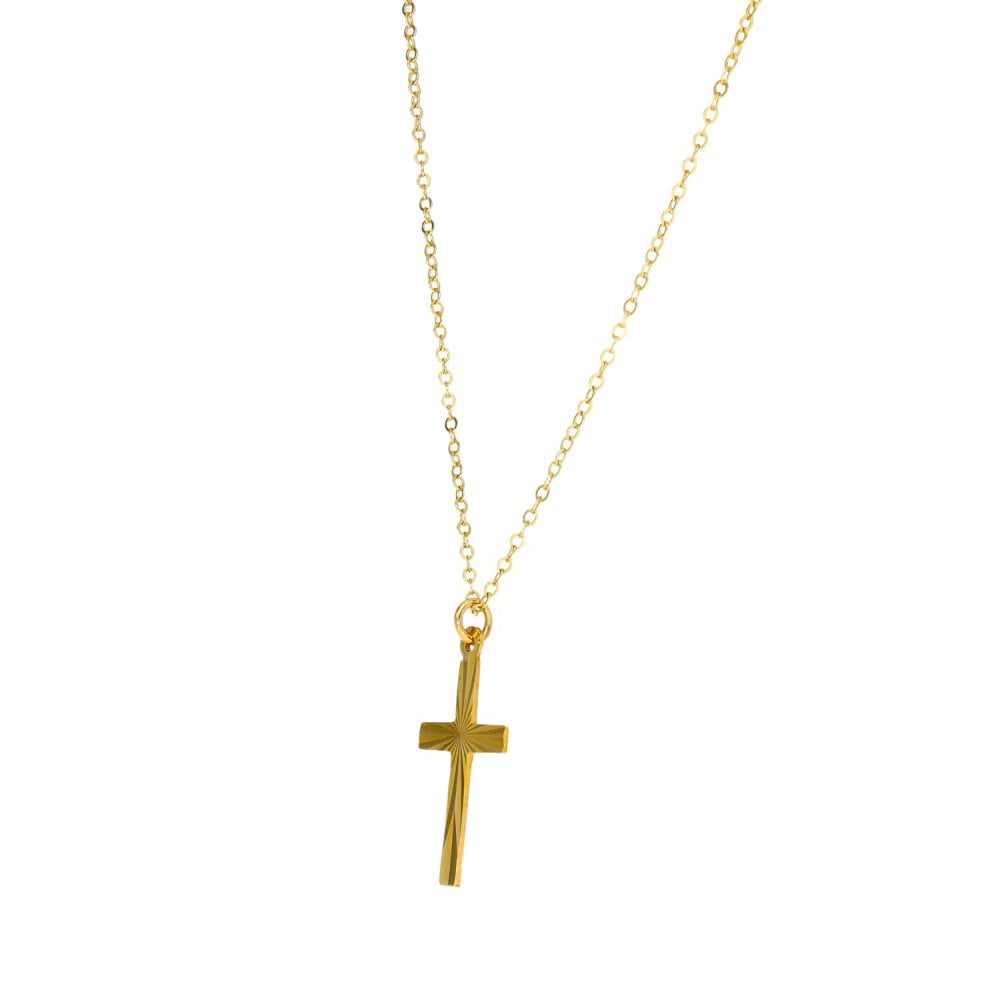 9ct Yellow Gold Sunburst Cross Pendant & Necklace - 18" - 1.4g