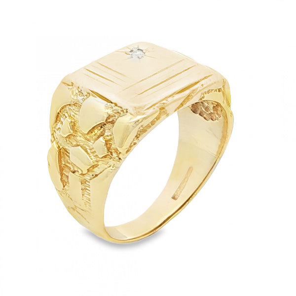 9ct Yellow Gold Diamond Signet Ring - Size V - 15mm