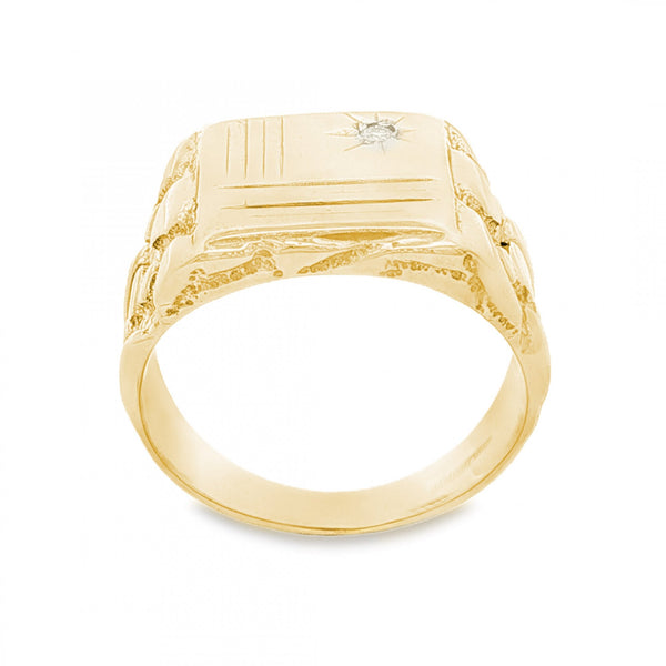 9ct Yellow Gold Diamond Signet Ring - Size V - 15mm