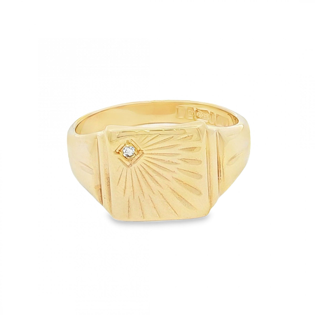 9ct Yellow Gold Diamond Signet Ring - Size T - 12mm