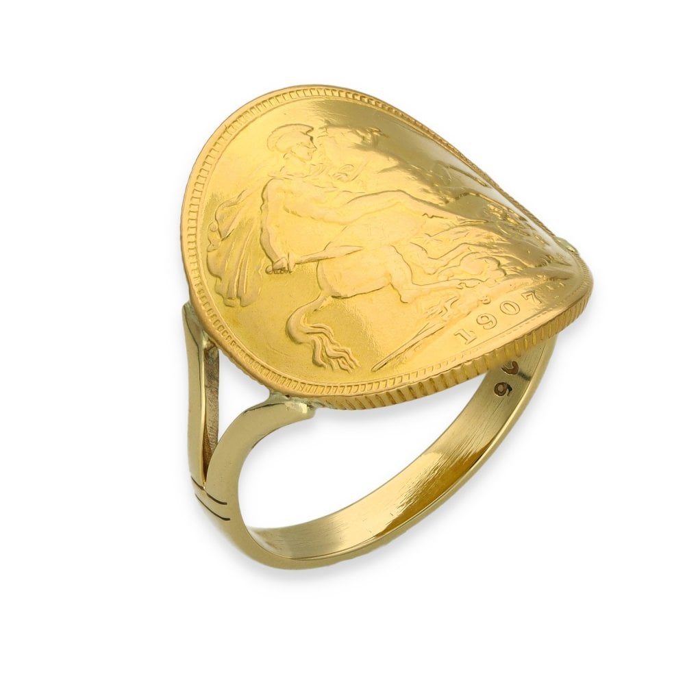 1907 Yellow Gold Full Sovereign Coin Ring - Size W - 9.8g