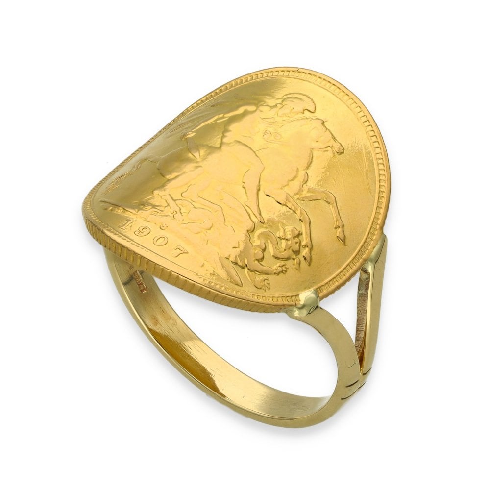 1907 Yellow Gold Full Sovereign Coin Ring - Size W - 9.8g