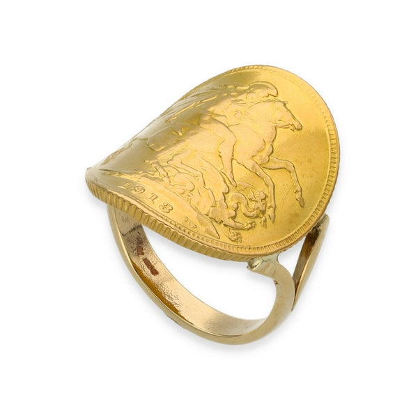 1913 Yellow Gold Full Sovereign Coin Ring - Size N - 9.4g