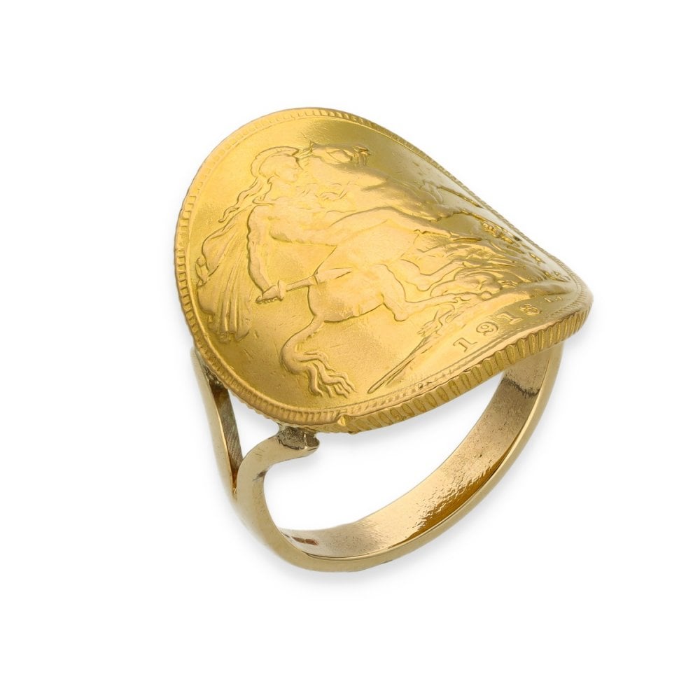 1913 Yellow Gold Full Sovereign Coin Ring - Size N - 9.4g