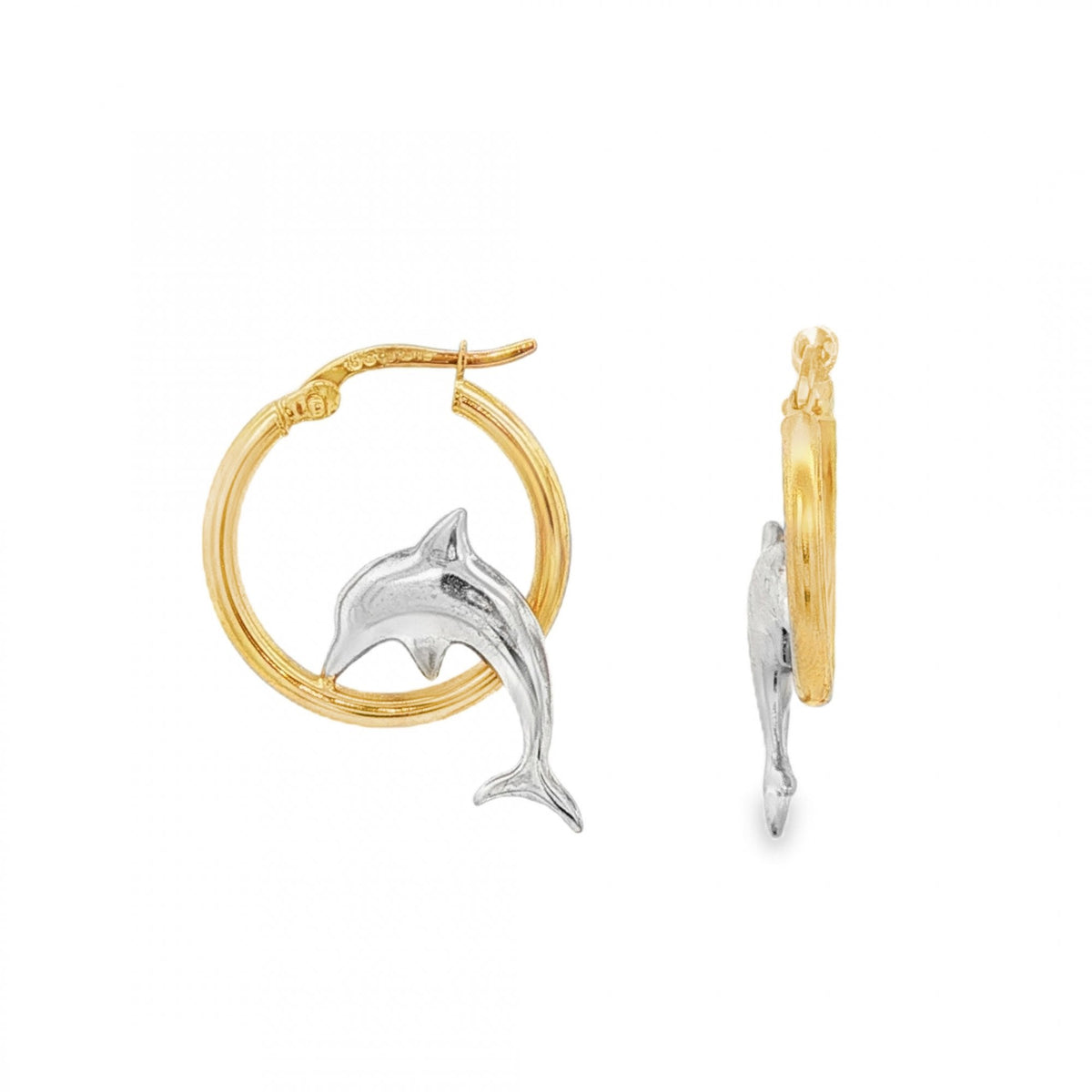 9ct Yellow & White Gold Dolphin Hoop Earrings - 19x26x5mm - 2.3g