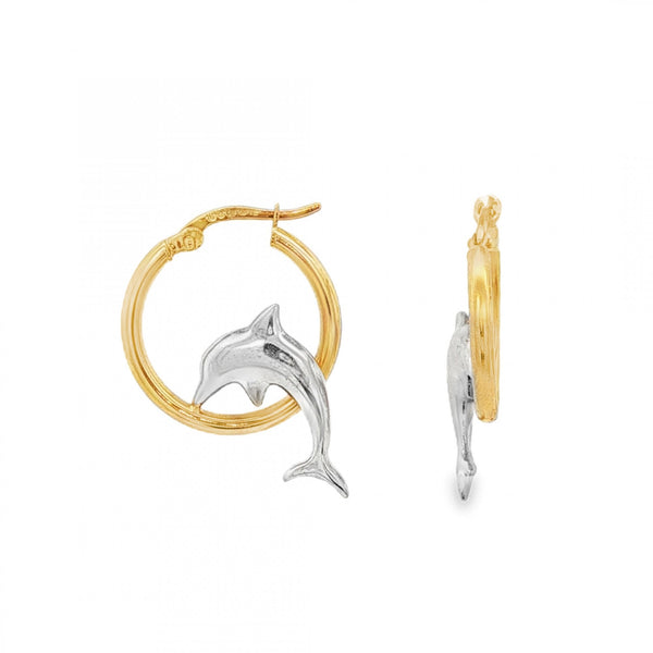 9ct Yellow & White Gold Dolphin Hoop Earrings - 19x26x5mm - 2.3g
