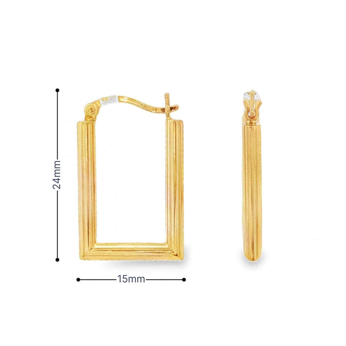 9ct Yellow Gold Rectangular Hoop Earrings - 15x24x2.5mm - 1.7g