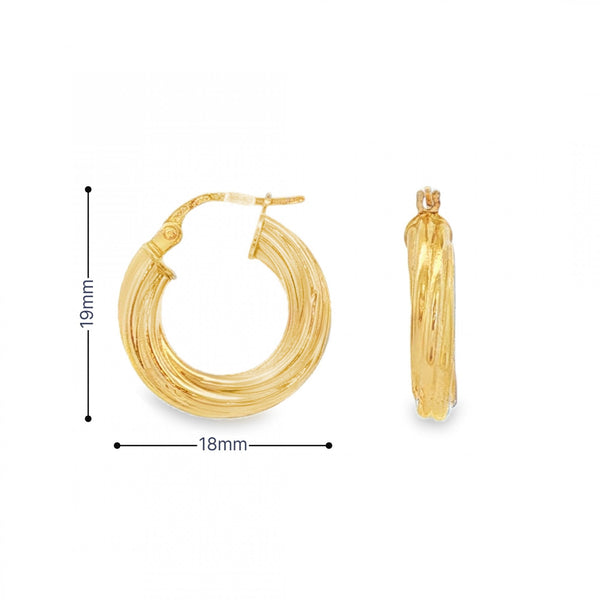 9ct Yellow Gold Twist Hoop Earrings - 18x19x4mm - 1.3g