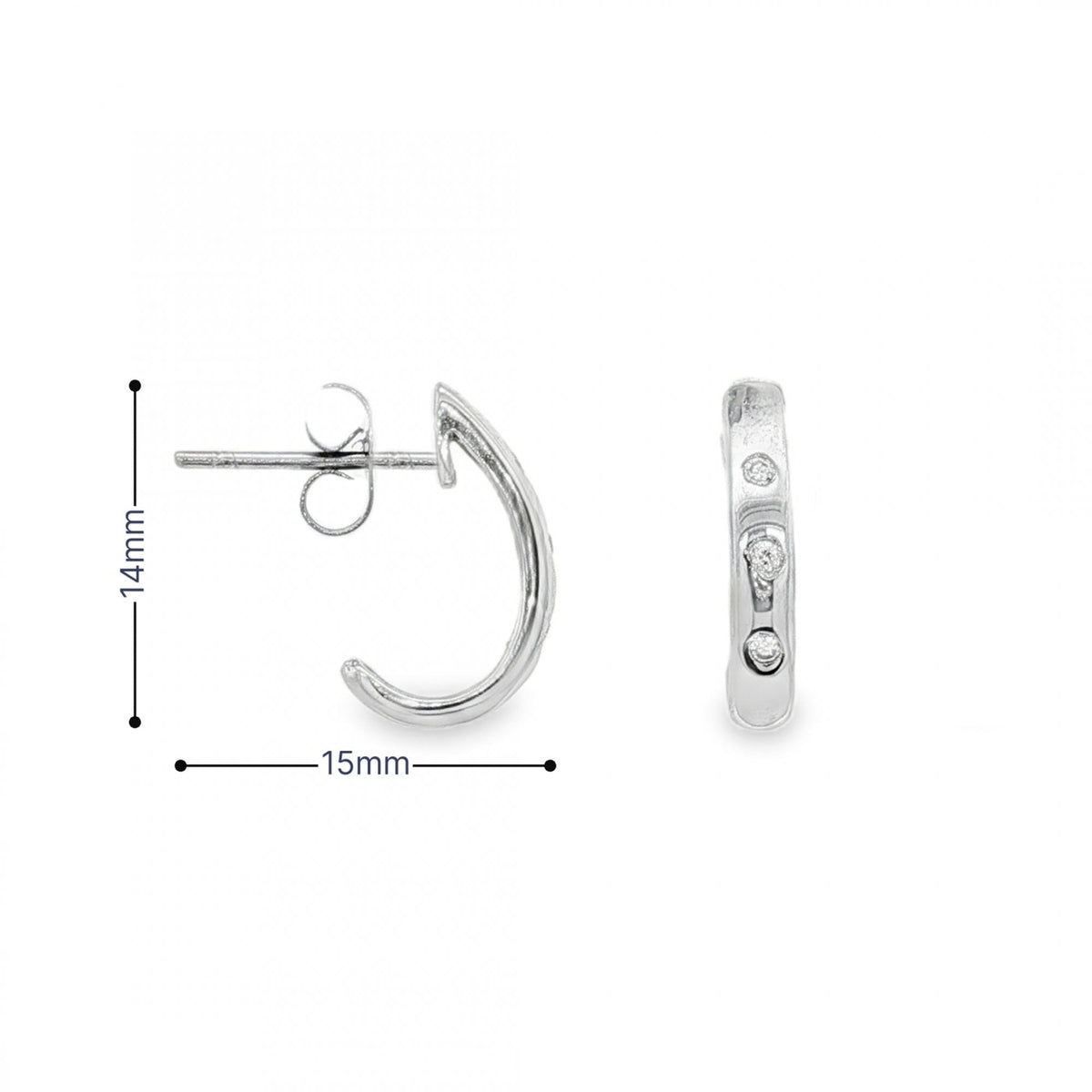 9ct White Gold CZ Half-Hoop Stud Earrings - 2.5x14x15mm - 1.5g