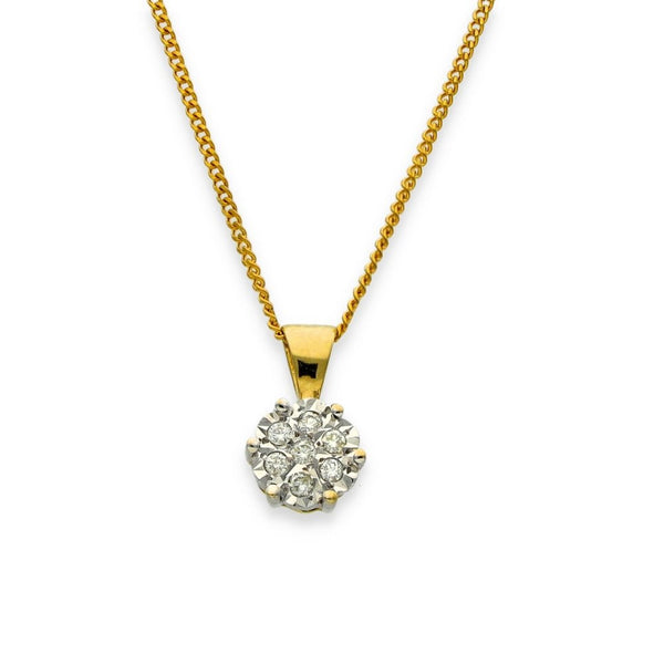 9ct Yellow Gold Diamond Cluster Pendant & Necklace - 20" -0.07ct