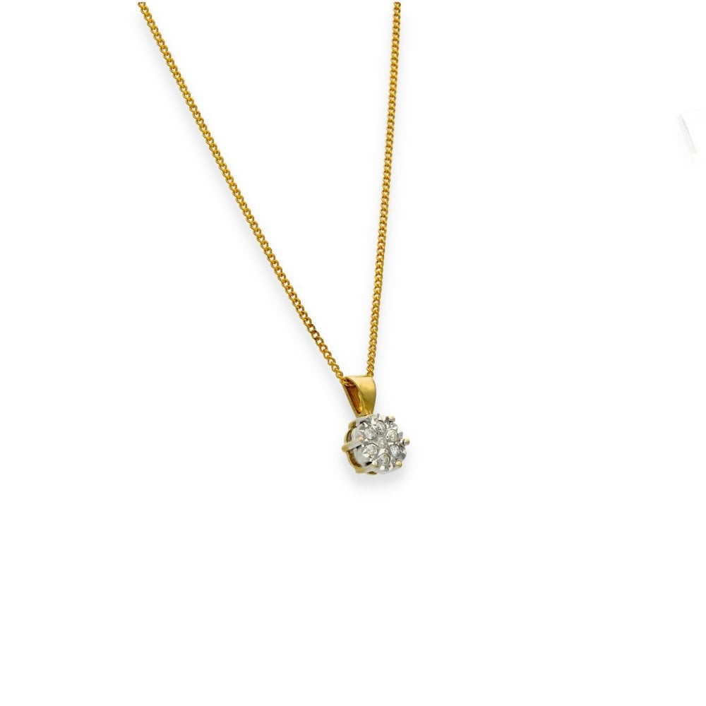 9ct Yellow Gold Diamond Cluster Pendant & Necklace - 20" -0.07ct
