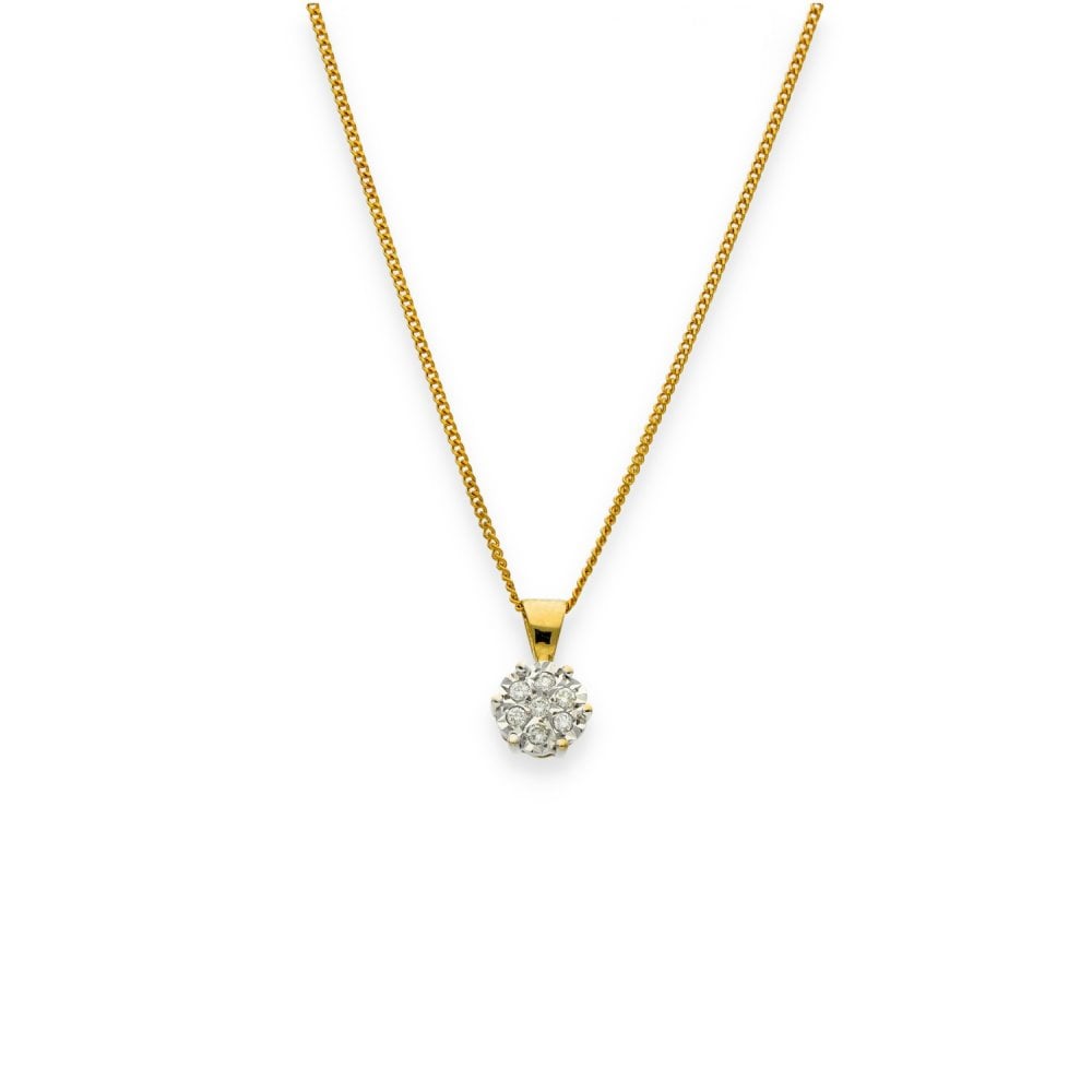 9ct Yellow Gold Diamond Cluster Pendant & Necklace - 20" -0.07ct