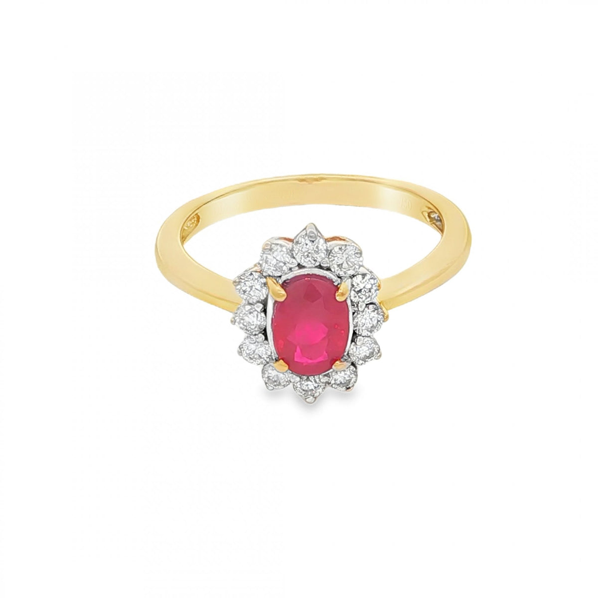 18ct Yellow Gold Ruby & Diamond Cluster Ring - Size M - 0.36ct