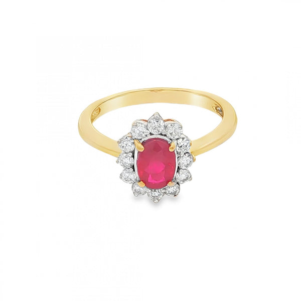 18ct Yellow Gold Ruby & Diamond Cluster Ring - Size M - 0.36ct