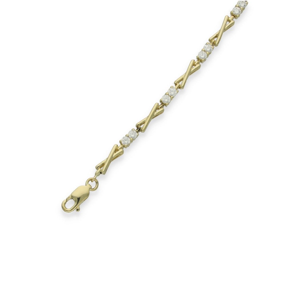 9ct Yellow Gold CZ Crossover Bracelet - 7.5" - 6.8g