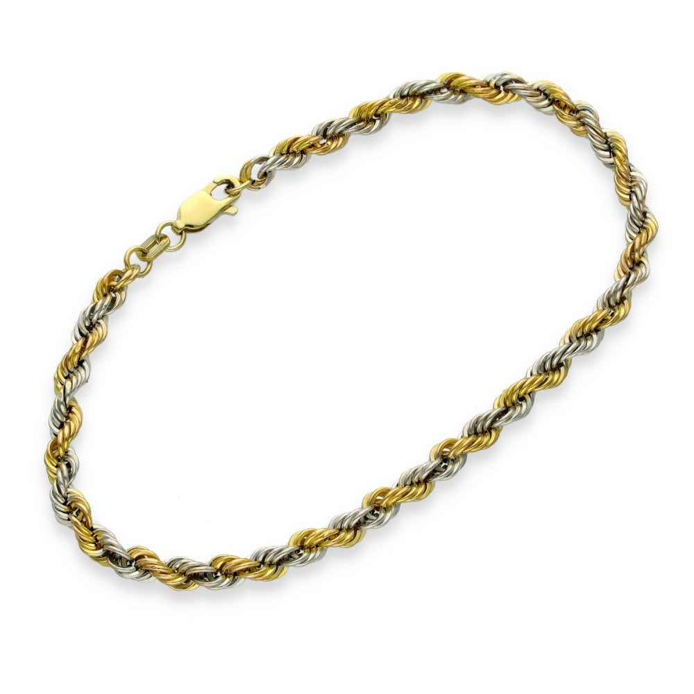9ct Yellow & White Gold Hollow Rope Bracelet - 8" - 2.5g