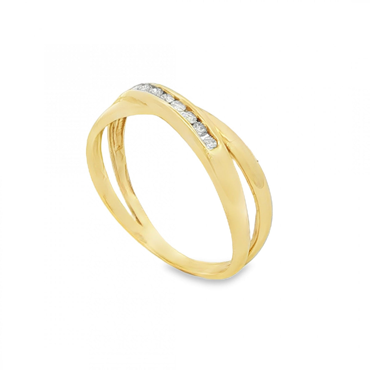 9ct Yellow Gold Diamond Crossover Ring - Size P - 0.15ct