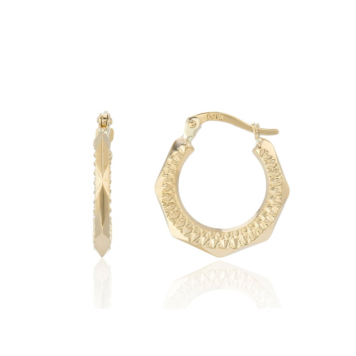 9ct Yellow Gold Patterned Hoop Earrings - 17x19mm - 1.2g