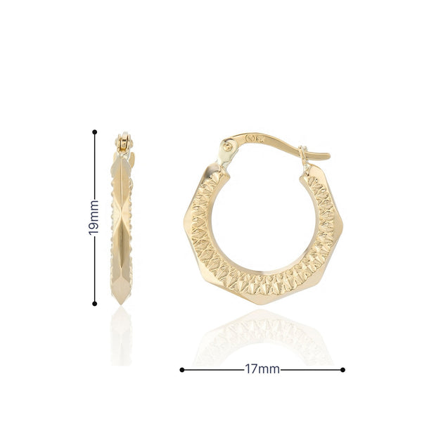9ct Yellow Gold Patterned Hoop Earrings - 17x19mm - 1.2g