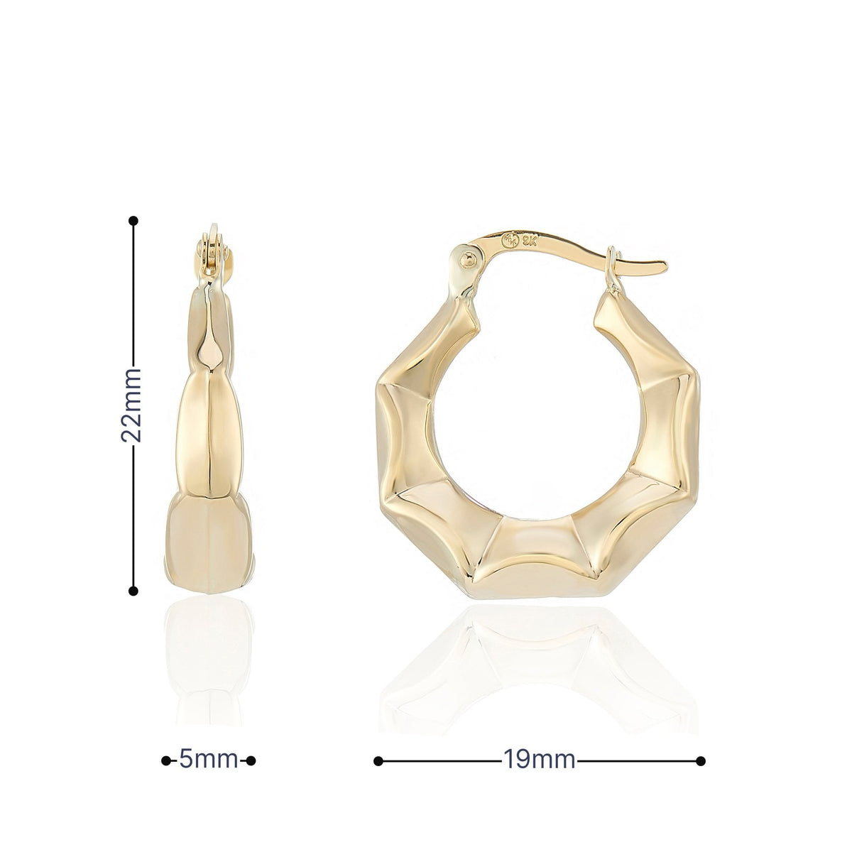 9ct Yellow Gold Faceted Hoop Earrings - 19x22x5mm - 1.4g