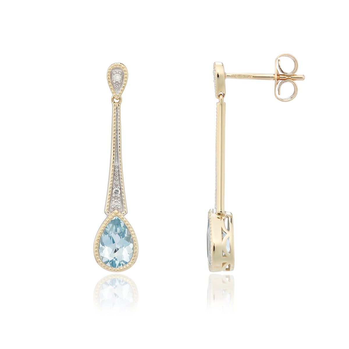 9ct Yellow Gold Aquamarine & Diamond Drop Earrings -6x28mm -2.2g