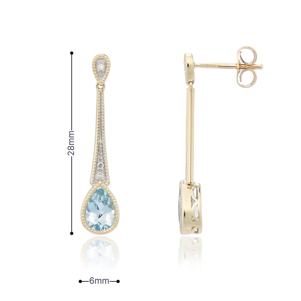 9ct Yellow Gold Aquamarine & Diamond Drop Earrings -6x28mm -2.2g