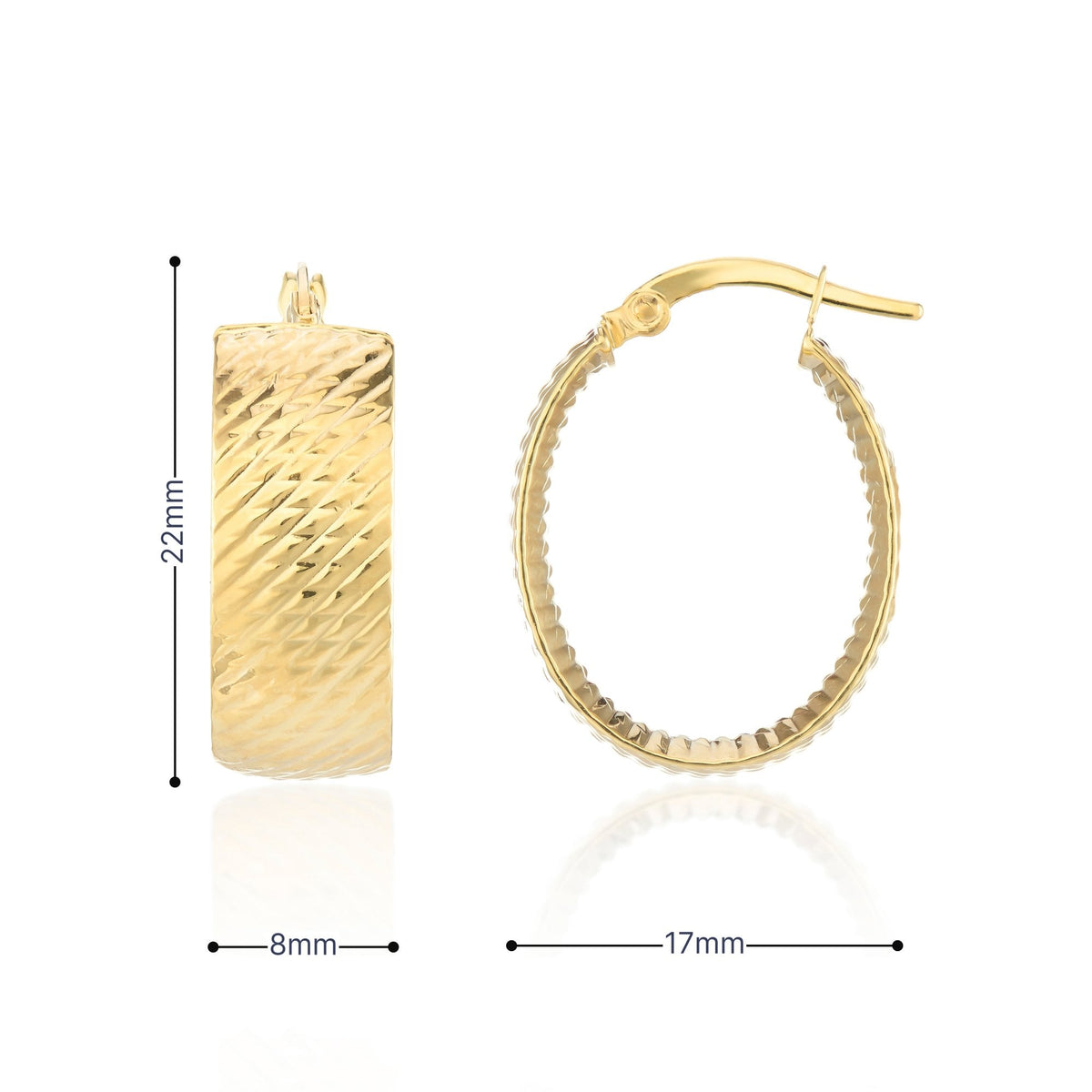 9ct Yellow Gold Textured Hoop Earrings - 17x22x8mm - 2.3g