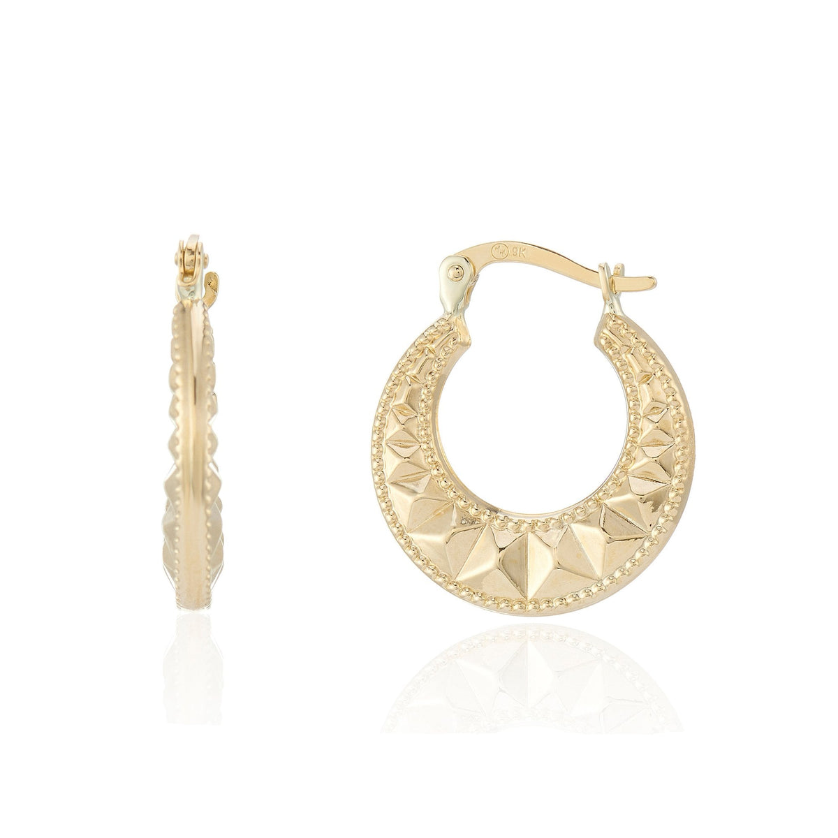 9ct Yellow Gold Aztec Hoop Earrings - 19x21x3.5mm - 1.7g