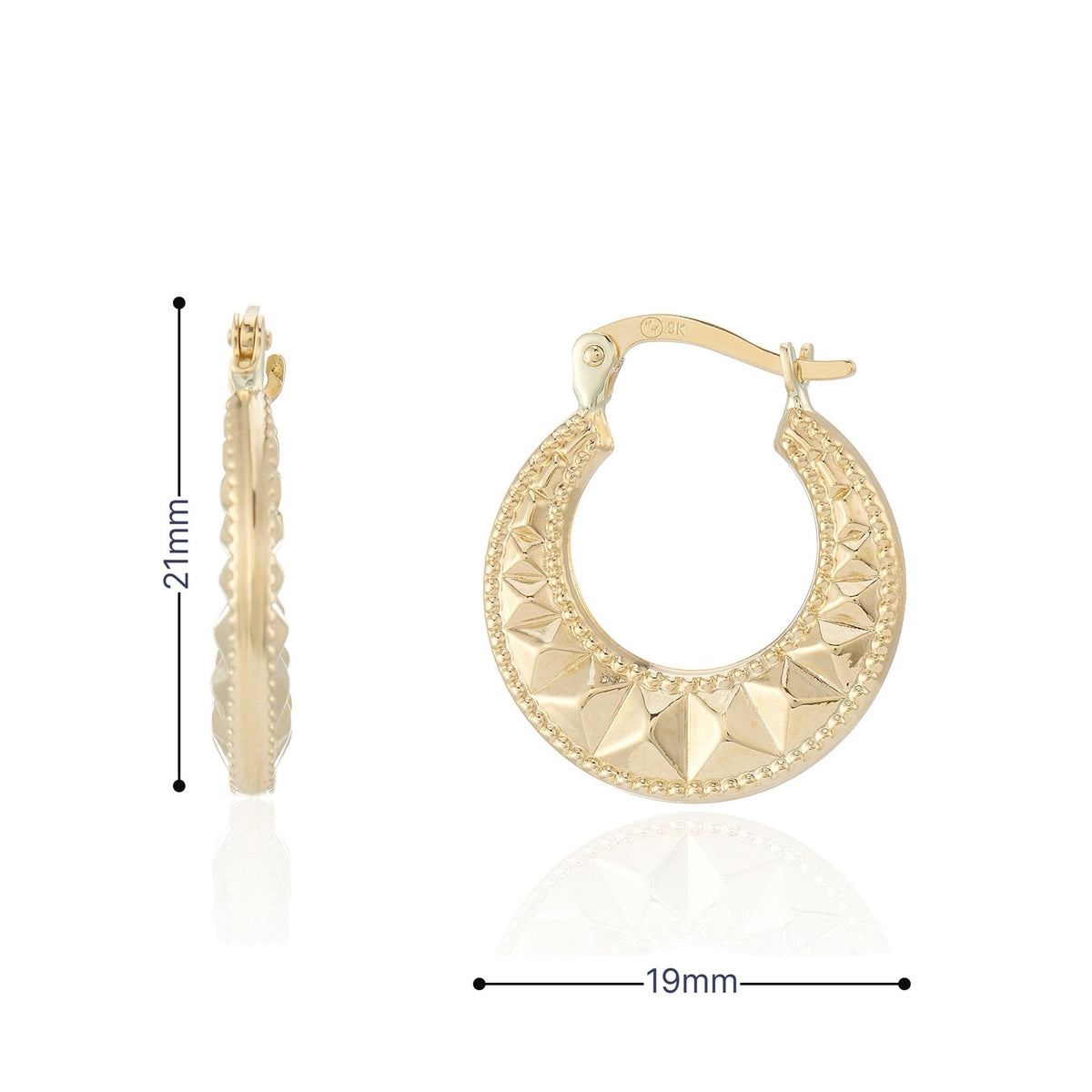 9ct Yellow Gold Aztec Hoop Earrings - 19x21x3.5mm - 1.7g