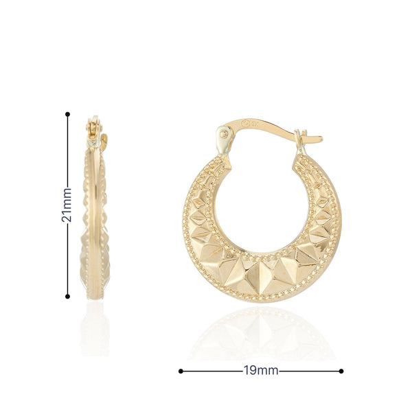 9ct Yellow Gold Aztec Hoop Earrings - 19x21x3.5mm - 1.7g